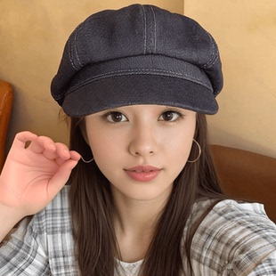 四季复古黑色牛仔贝雷帽女韩版时尚八角帽显脸小百搭画家帽报童帽