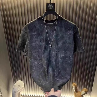 夏季新款短袖男士满天星轻奢圆领上衣潮流百搭破洞t恤男潮长袖T恤