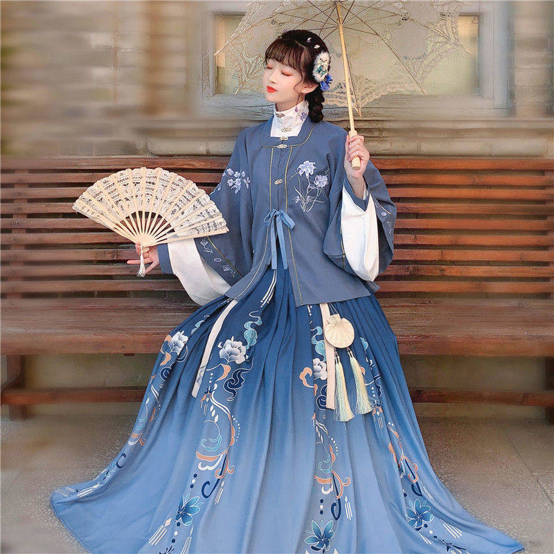 出租明制改良汉服女蓝色齐腰襦裙学校艺术节班级演出毕业照摄影,女装/女士精品,汉服套装,淘宝优惠券,粉丝福利购,淘宝优惠卷