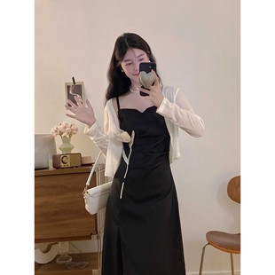 搭配法式 夏装 优雅气质黑色吊带连衣裙设计感收腰开叉裙子一整套女