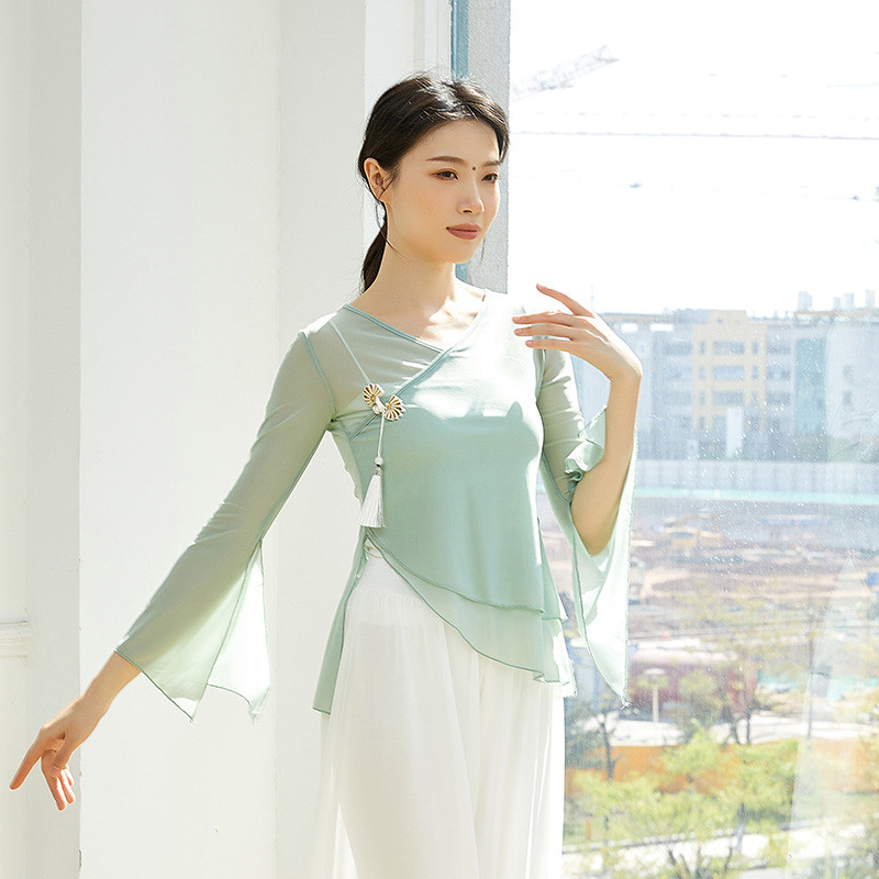 教师修身弹力网纱上衣长袖飘逸身韵舞蹈服形体纱衣古典舞练功服装