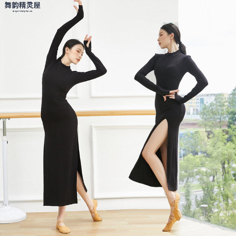 舞蹈演出服连衣裙修身秋冬显瘦