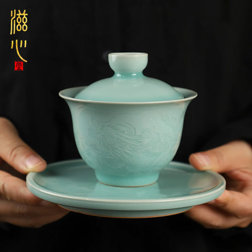 影青腾龙三才盖碗.功夫茶具复古1