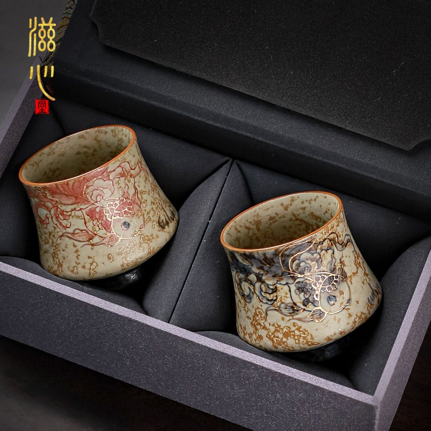 大师手绘锦鲤描金陶瓷情侣茶杯