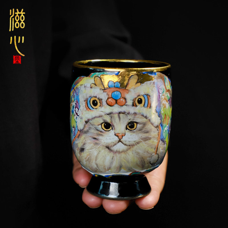 高端禾泥纯手工手绘猫咪主人杯陶瓷个人喝茶专用高档单杯功夫茶杯