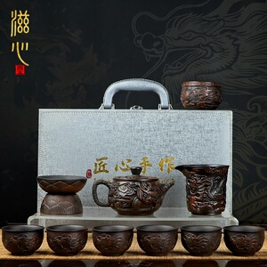 紫陶浮雕祥龙凤鸣茶壶陶瓷手工家用泡茶壶高端复古功夫茶具礼盒