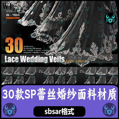 Substance Painter蕾丝面纱透明蕾丝婚纱面料材质球花纹 sp材质球