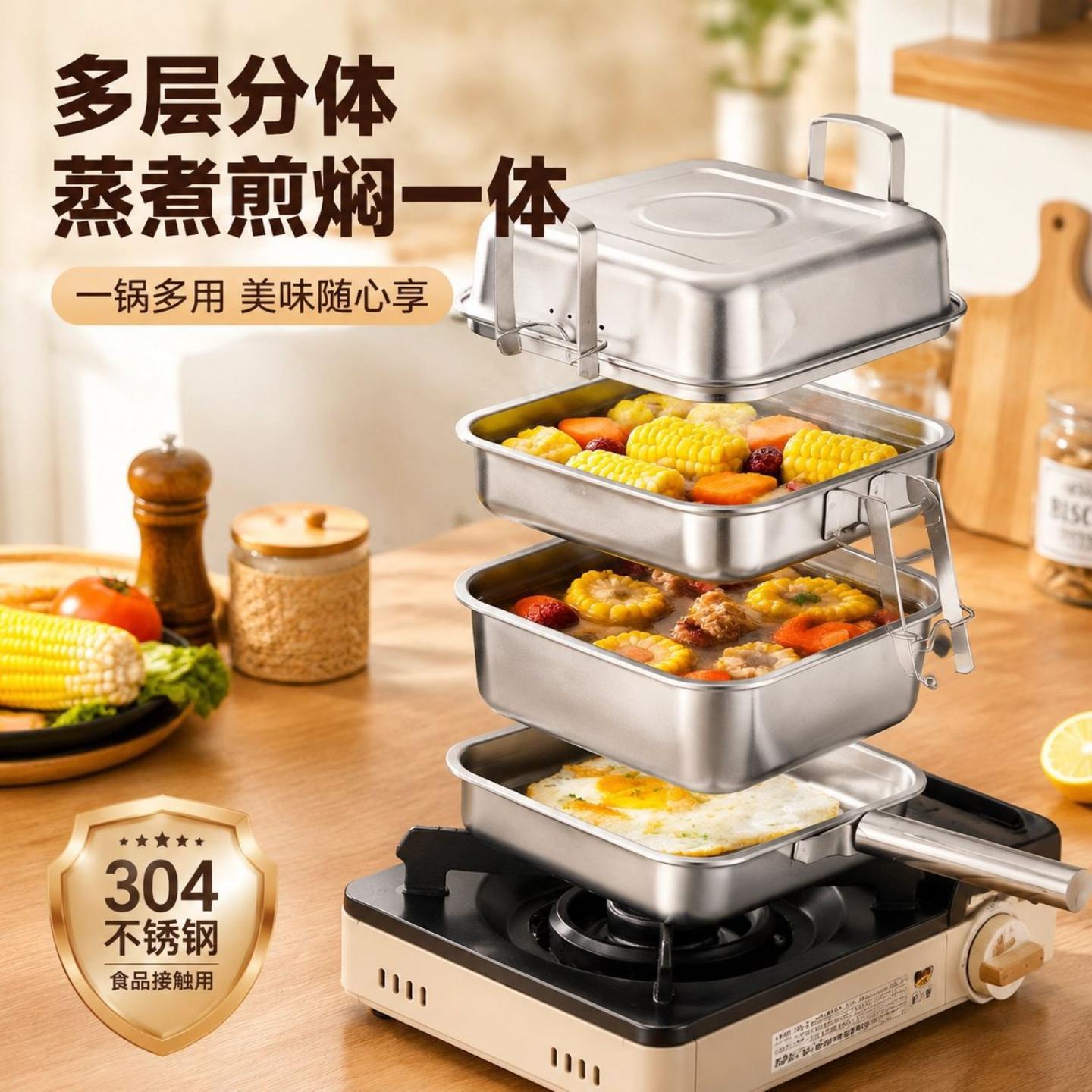 野营锅具户外露营炊具304不锈钢可拆卸汤蒸煮锅锅蒸锅煎炒炊套锅