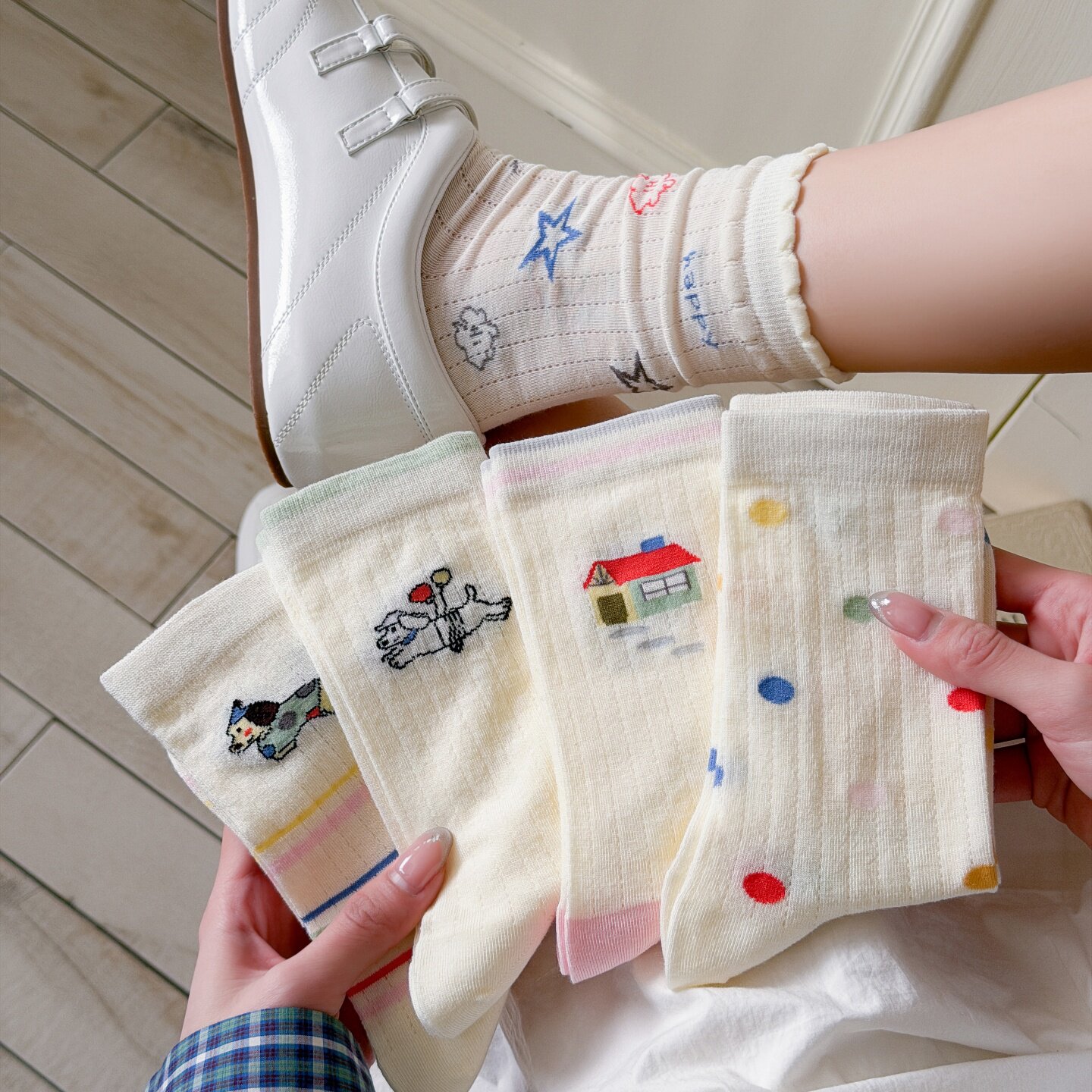 夏季薄款纯棉中筒袜女可爱卡通小狗波点透气堆堆袜