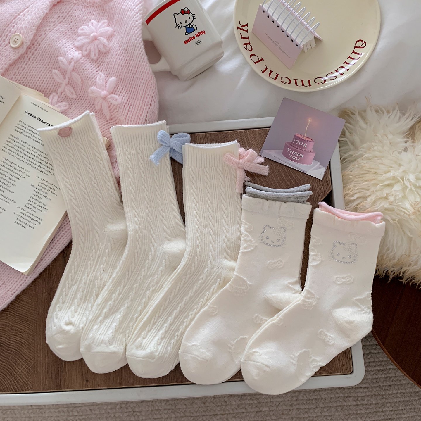 白色芭蕾风蝴蝶结中筒袜女可爱花边堆堆袜白色系袜子