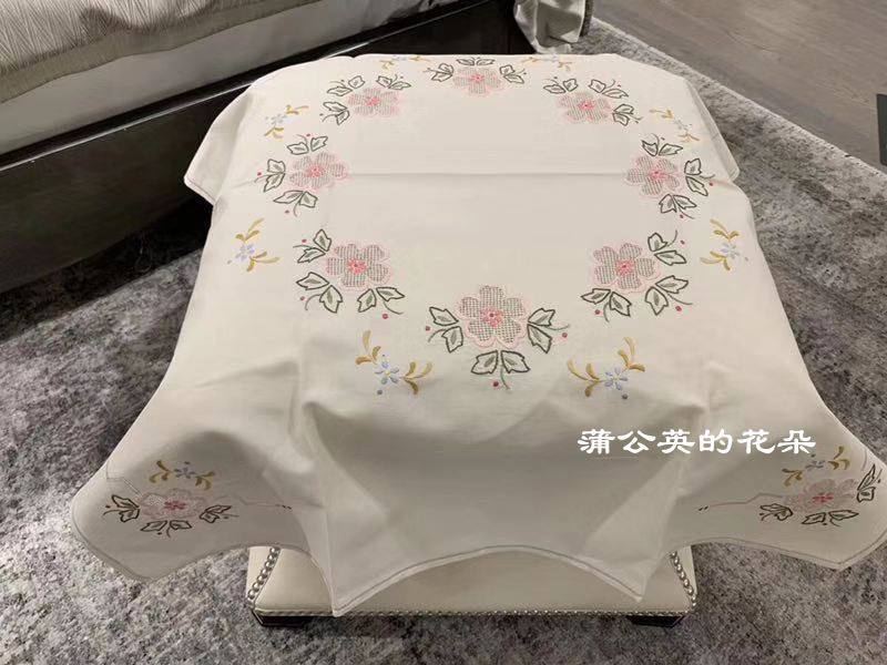 外贸手工绣花抽丝工艺粉色花朵桌布
