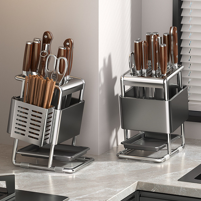 厨房台面多功能刀架置物架刀具刀座家用不锈钢放菜刀一体收纳沥水