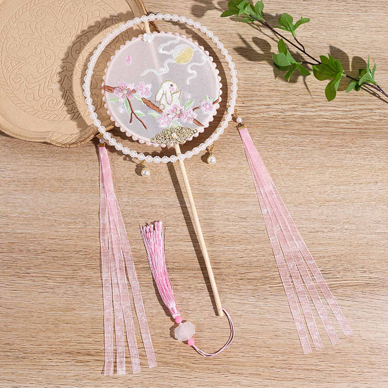 古风扇子刺绣花双圈长柄飘带夏季成人儿童团扇汉服舞蹈拍照宫扇