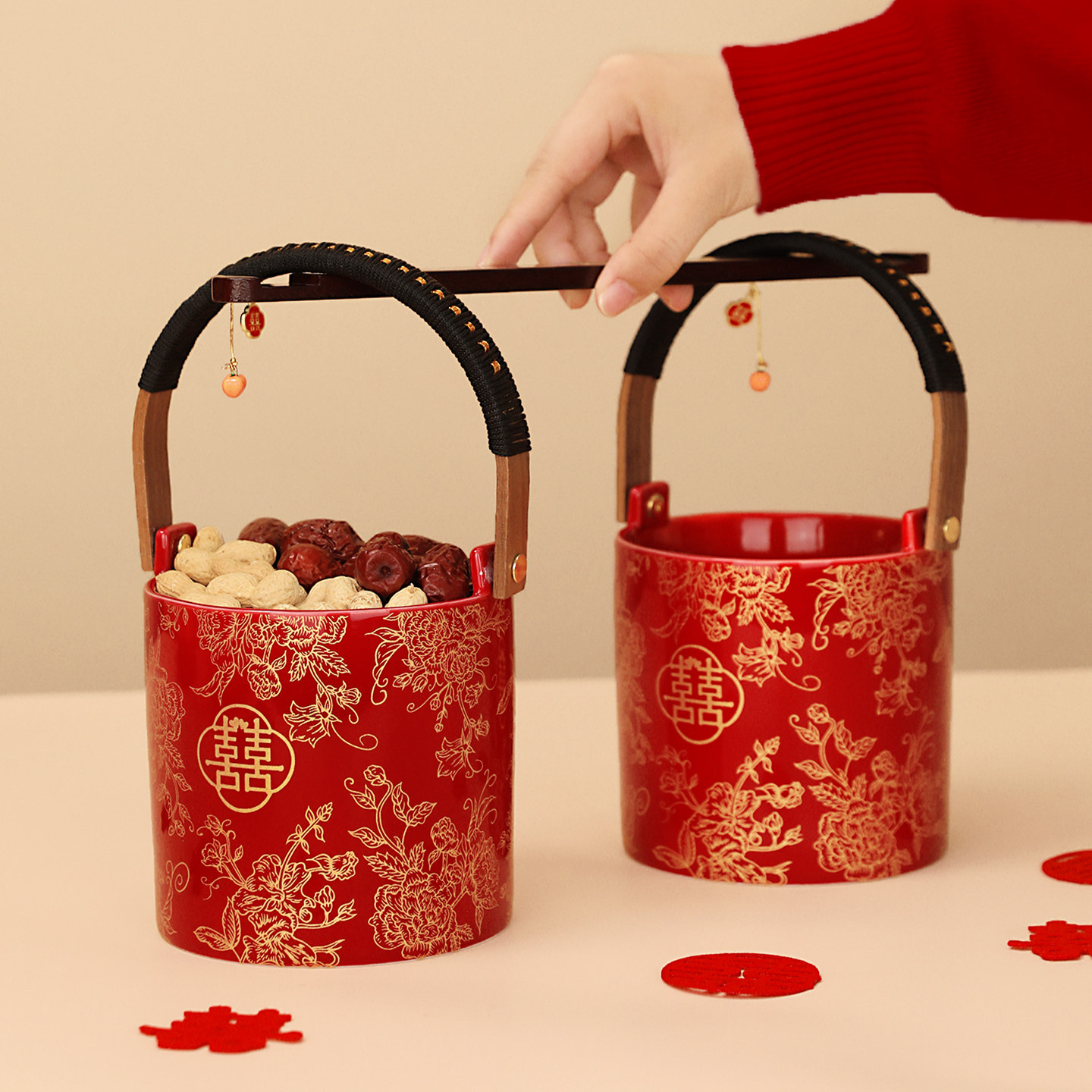 结婚礼子孙桶一对女方陪嫁用品红色陶瓷喜桶宝桶摆件婚庆用品大全