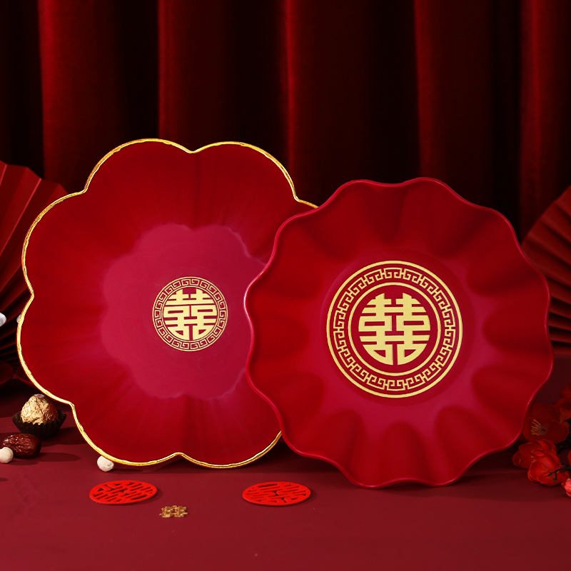 结婚喜糖干果盘红色客厅订婚摆件