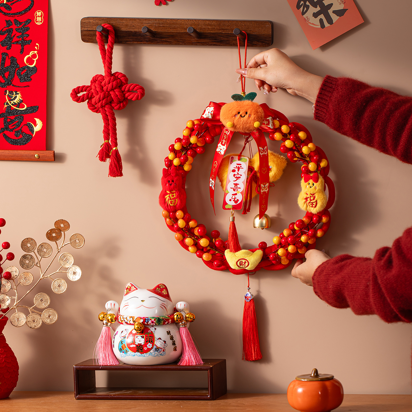 新年醒狮挂件马年花环入户门挂饰