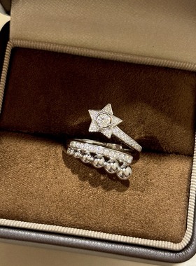 欧美小香风五角星戒指通体925纯银光珠错位流星开口女戒优雅配饰