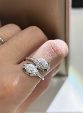 新款双头灵蛇戒指通体925纯银满钻绿眼睛交叉开口欧美重工女戒