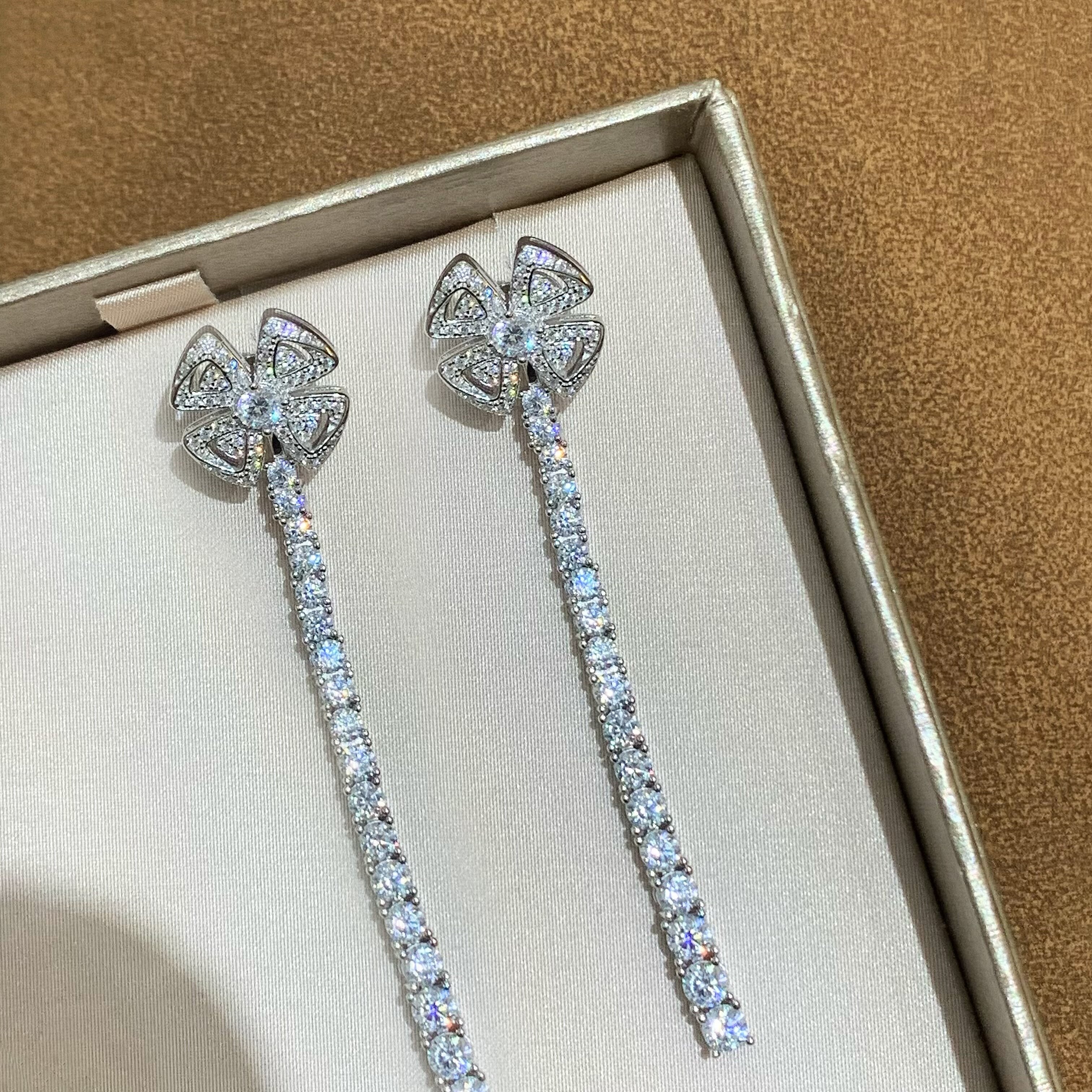 咏绽四叶草耳环长款流苏闪钻链条风车通体925纯银珠宝高级感大气
