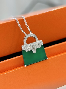 凯莉包包项链通体925纯银满钻锁头包玉髓方形锁骨链名媛气质首饰