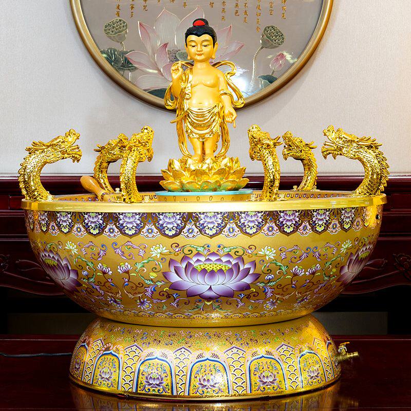 珐琅彩浴佛盆释迦牟尼佛太子佛诞浴佛节莲花九龙吐水浴佛盆摆件