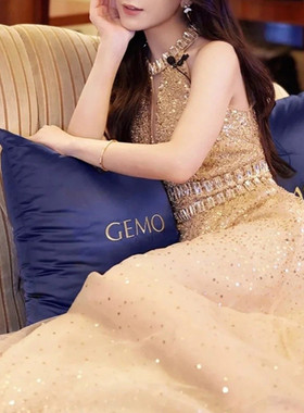 高端轻奢香槟金气质名媛无袖优雅长裙聚会重工艺带亮片小众风礼服