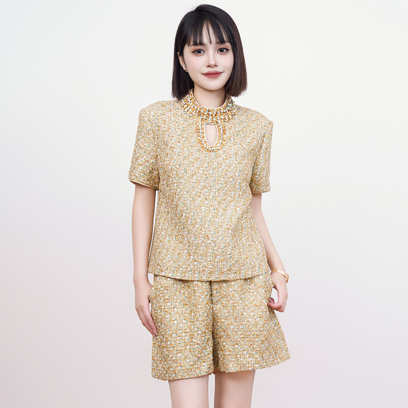 轻奢风女装名媛小香风粗花呢金色亮丝上衣松紧腰宽松短裤两件套装
