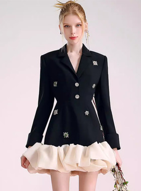 轻奢女装小众设计高级感气质钉钻欧根纱长袖西装裙连衣裙短裙礼服