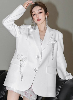 轻奢女装白色立体花朵流苏小众设计休闲宽松廓形西装时髦长袖外套