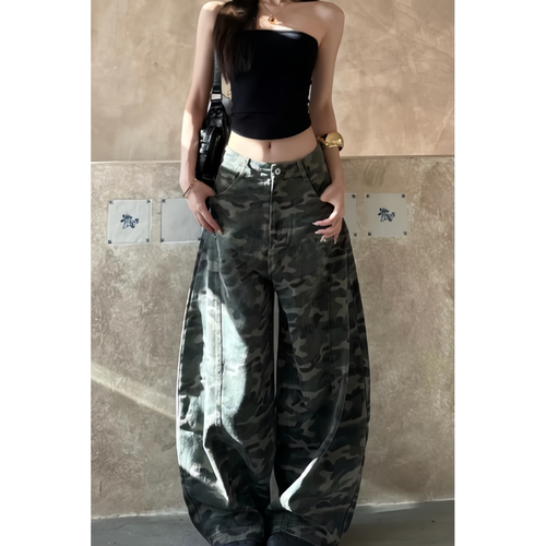 辣妹复古迷彩设计感阔腿牛仔裤女秋季美式高街宽松显瘦百搭拖地裤