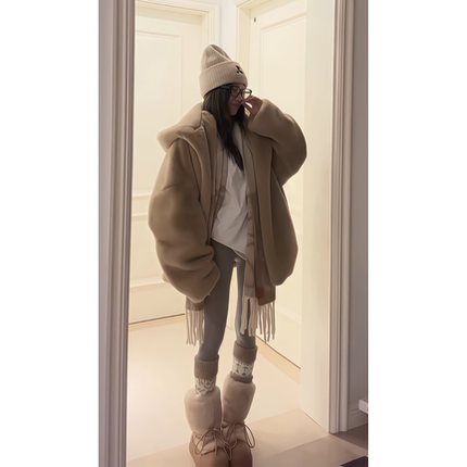 美式复古仿水貂毛环保皮草女冬季2025新款慵懒宽松连帽毛绒绒外套