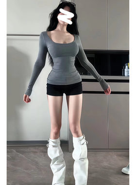 甜辣妹灰色基础款U领长袖T恤女2025早秋修身显瘦收腰打底内搭上衣