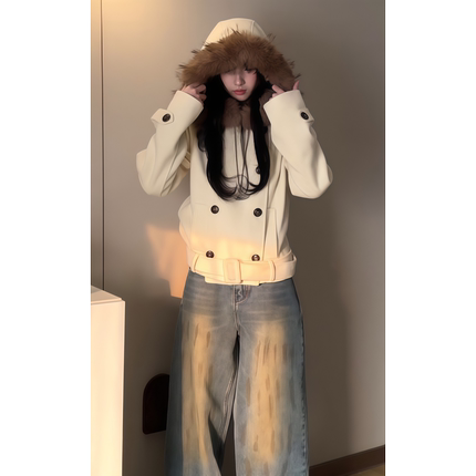 美式复古毛领双排扣短款毛呢连帽外套女2025秋冬季加厚款收腰上衣