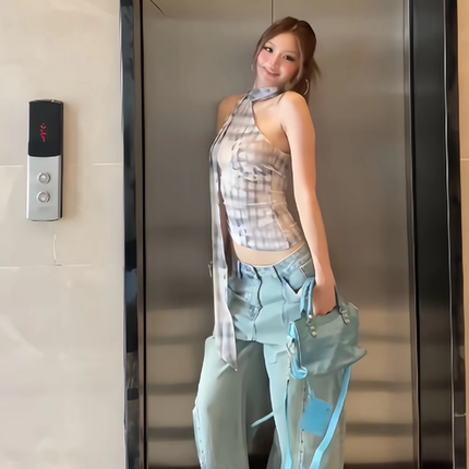 辣妹性感格子拼接系带吊带背心女夏季修身显瘦内搭设计感短款上衣