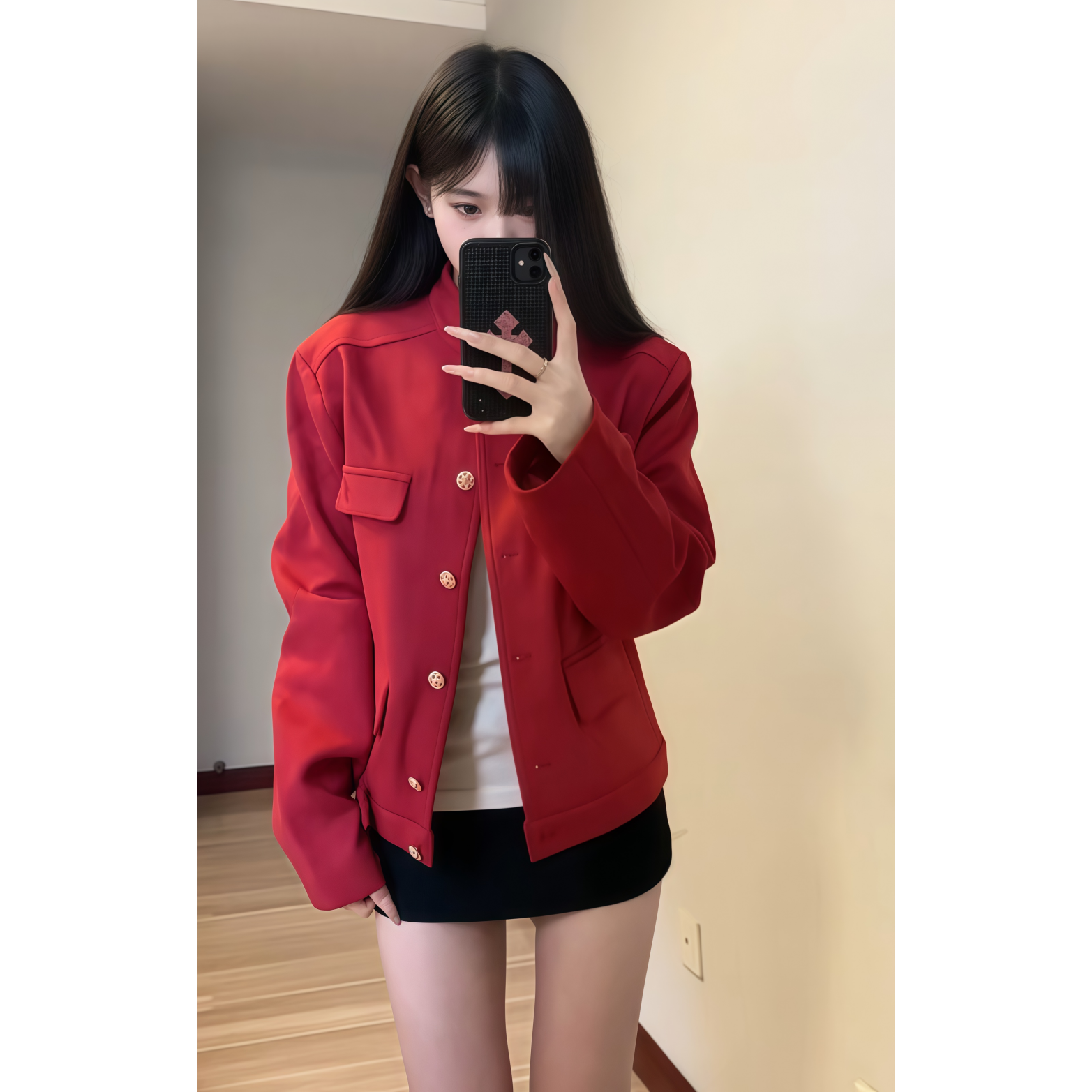 美式复古红色立领麂皮毛呢外套女2025秋季高级感短款呢子夹克开衫