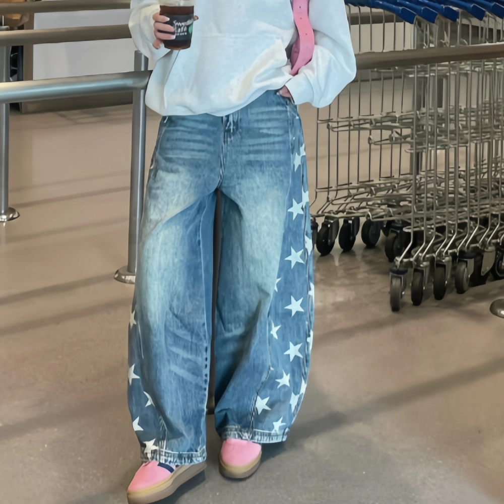 美式辣妹星星印花弯刀牛仔裤女春秋季2025新款设计感宽松阔腿裤子