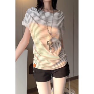 上衣潮 原SUN11 STUDIO美式 复古黑白条纹设计感小众短袖 T恤女夏季