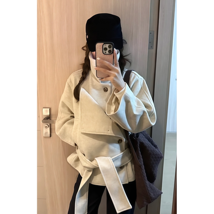 原SUN11 STUDIO高级感大衣女冬季2025灰色加厚小个子短款毛呢外套