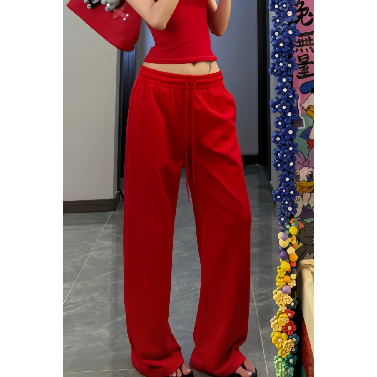 美式复古小众松弛感阔腿红色卫裤女早春新款宽松显瘦百搭休闲裤子