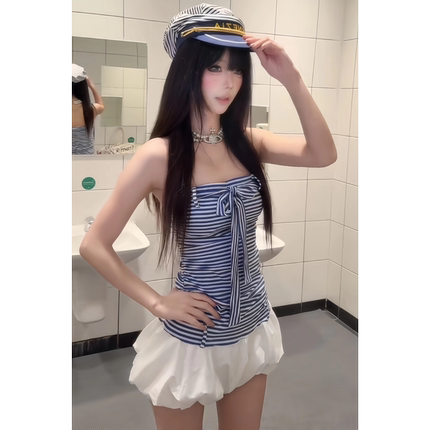 辣妹收腰花苞短裙条纹拼接绑带无袖抹胸连衣裙女夏季褶皱修身裙子
