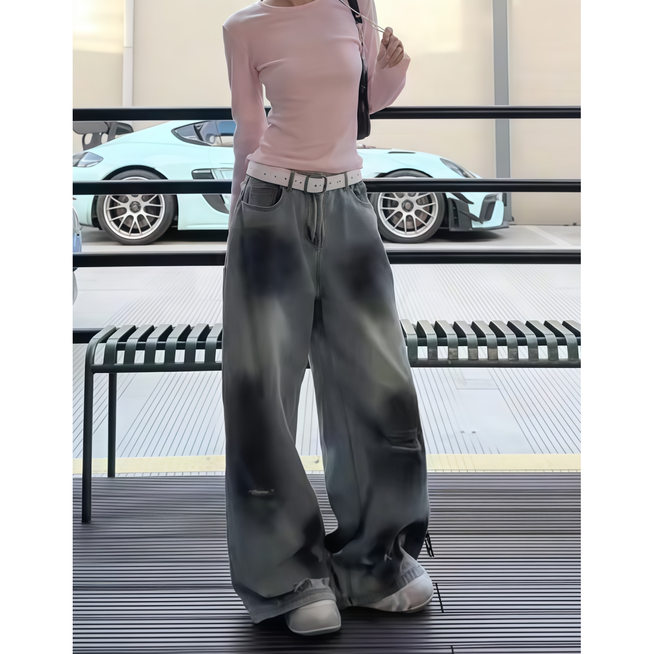 美式复古泼墨扎染牛仔裤子女秋冬季新款设计感做旧破洞拖地阔腿裤