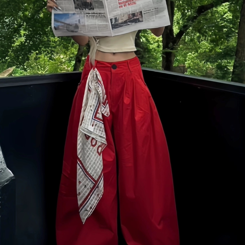 多巴胺西海岸美式红色松紧工装裤女夏季宽松休闲显瘦垂感阔腿裤潮