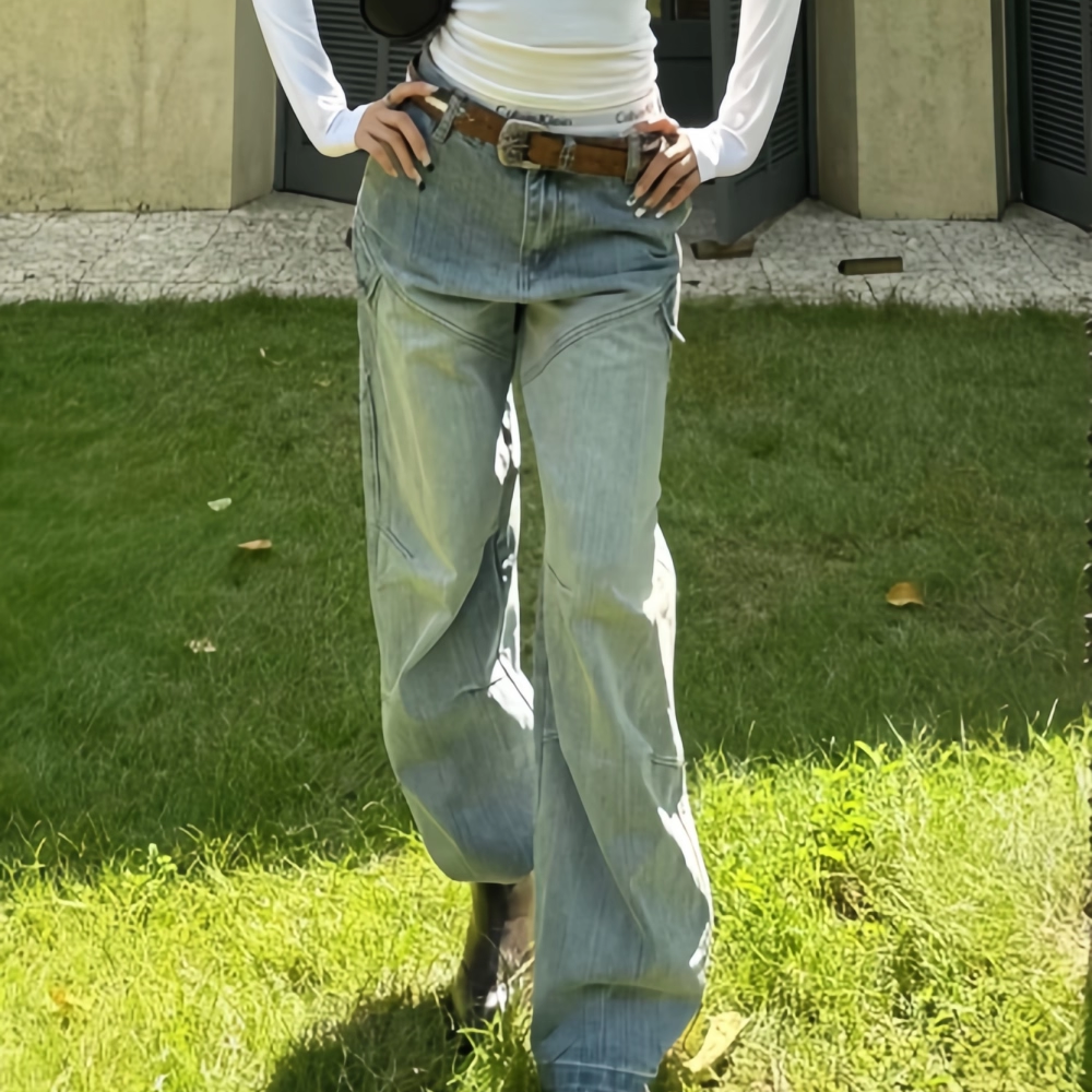 美式复古水洗口袋刺绣弯刀牛仔裤女秋季2025宽松高腰直筒阔腿裤子