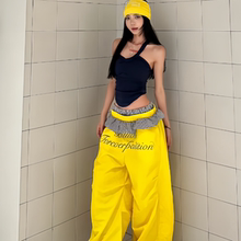 美式辣妹格纹花边双腰头拼接速干弯刀裤女25夏季多巴胺彩色阔腿裤