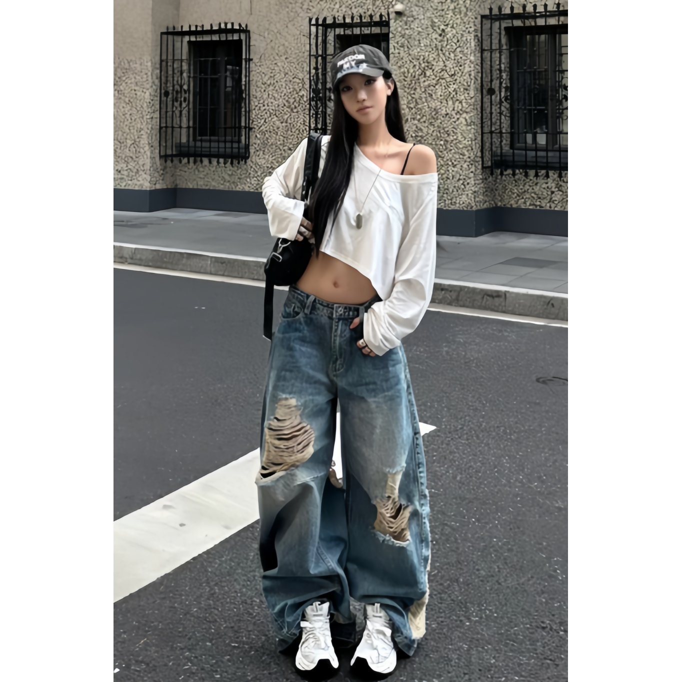 美式辣妹牛仔裤子女夏季宽松做旧水洗破洞长裤斜肩长袖短款上衣潮