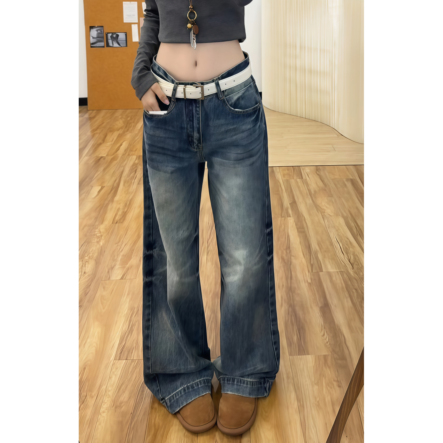 多巴胺弯刀阔腿裤美式辣妹牛仔裤女2025秋冬季低腰宽松显瘦直筒裤
