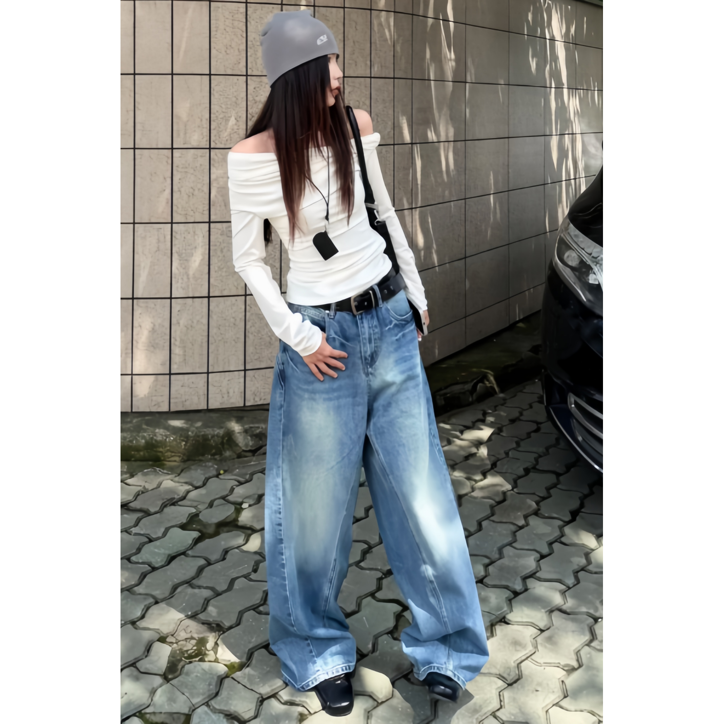 原SUN11 STUDIO辣妹牛仔裤子女秋冬季新款宽松水洗廊形弯刀长裤潮