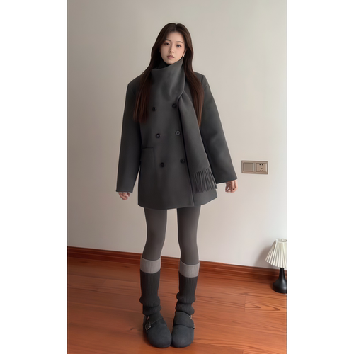 原SUN11 STUDIO韩版气质设计感围巾领双排扣中长款女秋冬毛呢外套