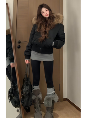 美式复古黑色毛毛领连帽棉服女冬季25新款加厚小个子短款修身外套