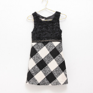 秋冬女童羊毛呢子连衣裙 中大童裙子格子保暖吊带背心裙A字公主裙